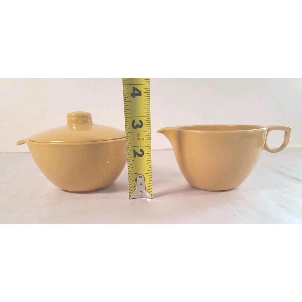 3 Piece Vintage Lustroware Mustard Yellow Sugar Bowl and Creamer w/ Lid